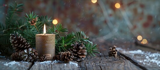Wall Mural - Festive Christmas decorations featuring a candle, fir branches, pine cones, presented on a rustic wooden table against a textured backdrop, with a particular focus on the arrangement with copy space