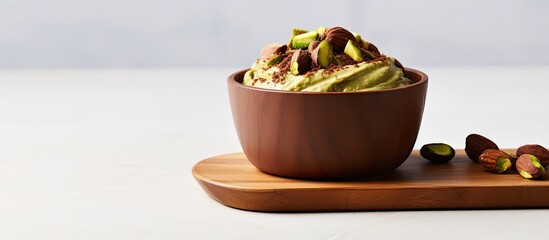 Poster - Avocado chocolate mousse topped with pistachios in a wooden bowl set against a blank white background, allowing for room for additional content or text in the image.