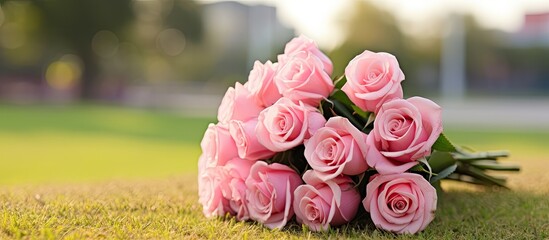 Poster - Pink rose flower bouquet displayed on green grass with copy space image.