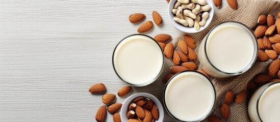 Assorted plant-based milk options like almond and cashew displayed on a table with a top view, suitable for a copy space image.