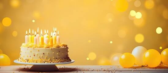 Poster - Happy birthday card with vibrant decorations, cake, candles, and copy space image on a yellow board background with multiple candles.