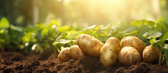 Aufkleber - Harvesting potatoes in the garden with selective focus on nature, creating a serene copy space image.