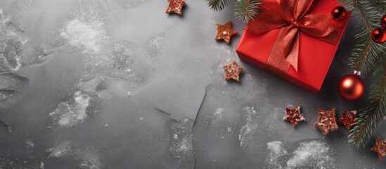Poster - Top view of a festive setting with a red Christmas gift, a spruce tree branch, and ornaments on a gray stone surface suitable for a Xmas greeting card with copy space image.