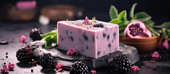 Poster - Handmade organic soap bars with charcoal on a bright background, accompanied by blackcurrant sorbet, with focused elements and room for additional text or images.