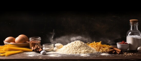 Wall Mural - A table with uncooked pasta nests arranged, surrounded by flour and seasonings, creating a culinary composition with a copy space image available.