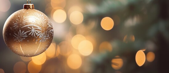 Aufkleber - Closeup view of a Christmas ball hanging on an indoor fir tree branch with space for text in the image. with copy space image. Place for adding text or design
