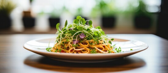 Fototapete - Close-up of Italian pasta with microgreens on a white plate with a copy space image in a restaurant setting.
