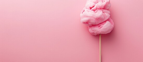 Fototapete - Homemade pink cotton candy on a stick displayed horizontally against a pink background with ample copy space for text or other images. Delicious homemade sweet treats.