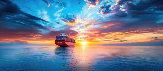 Poster - Container cargo ship sailing on the ocean at sunset with a blue sky backdrop, featuring copy space image. Illustrating nautical transport in global logistics for import-export business.
