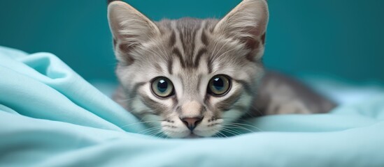 Poster - Copy space image of a cute cat with big green eyes resting peacefully on a light blue blanket, looking directly at the camera, against an animal-themed background.