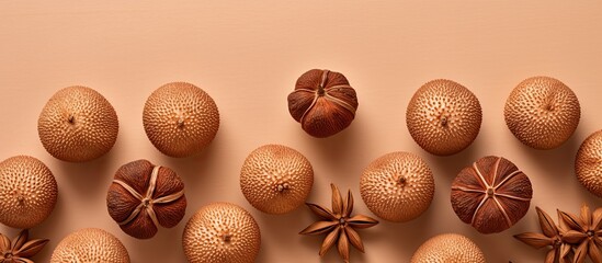 Wall Mural - Top-down view of fresh salak fruits on a beige backdrop with space for text, set up to capture an image. with copy space image. Place for adding text or design
