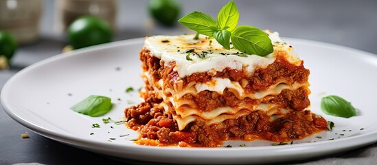 Fototapete - Close-up view of homemade Italian lasagna with bolognese, cheese, and basil on a white plate, ideal for a copy space image.