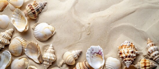 Wall Mural - Seashells scattered on sandy beach with ample copy space image ideal for a summer holiday backdrop.