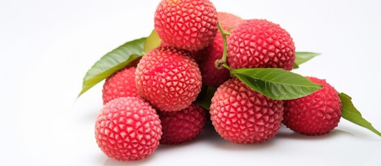 Poster - Studio shot of stacked litchis on a white background with a copy space image available.