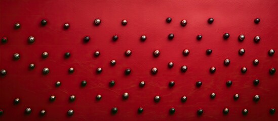 Poster - Vibrant thumbtacks arranged on a textured red leather surface with space for images, featuring a subtle vignette effect. with copy space image. Place for adding text or design