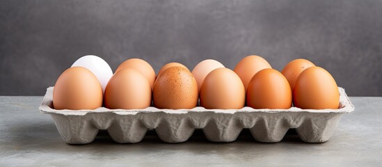 Fototapete - A plastic tray with chicken eggs is displayed on a grey concrete table, with ample copy space image available.