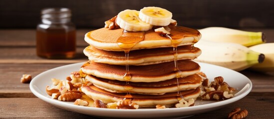 Aufkleber - Banana, nuts, and honey pancakes on white plate on wooden background with copy space image for breakfast.