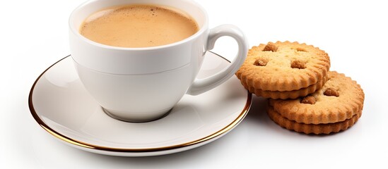 Fototapete - Isolated on a white background, a cup of coffee and biscuit displayed with copy space image.