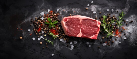 Fototapete - A top-down view showcasing a raw organic beef steak sprinkled with salt on a dark surface of black slate, stone, or concrete, complemented by a blank area ideal for adding text or images