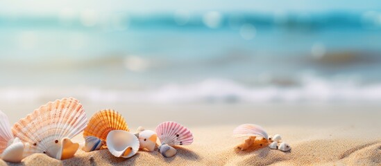 Wall Mural - Summer beach background with sea shells and butterfly on sand, creating a picturesque scene with copy space image.
