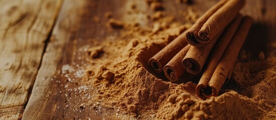 Poster - Ceylon cinnamon sticks and powder displayed on a textured wooden surface with a spicy aroma ideal for baking, desserts, and drinks, with a close-up view and room for text alongside the image