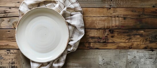 Fototapete - White table indoors with an empty plate, napkin, and copy space image available.