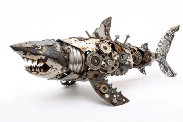 A shark sculpture made from recycled scrap metal head made of gears, iron, metal, nuts, and bolts. Unique, intricate design perfect for art lovers and collectors. Fish. Undersea animals.