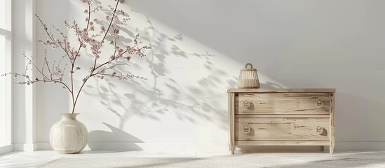 Poster - A contemporary Scandinavian room featuring white walls, a chest of drawers adorned with a vase, showcasing a chic mockup with space for text or images. with copy space image