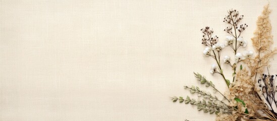 Aufkleber - A herbarium of flowers and branches displayed on a light craft background with burlap border, ideal for a copy space image.