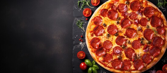 Poster - Top view of a delicious pepperoni pizza with fresh ingredients on a dark concrete surface, perfectly presented for text on a copy space image.