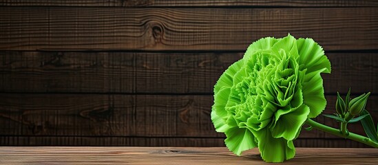 Leinwandbilder - Green carnation flower against a wooden backdrop with copy space image.