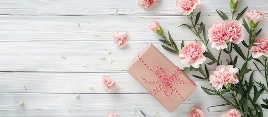 Aufkleber - Top view image of carnations and a gift box on a white wooden background with a copy space for Mother's Day greetings.
