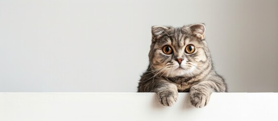 Poster - 11-month-old Scottish Fold cat posing against white backdrop with copy space image.