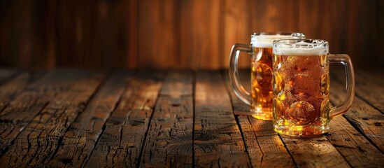 Poster - Close-up view of beer mugs on wood table with copy space image.