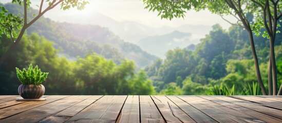 Poster - A beautifully designed desk with a stunning nature background, perfect for showcasing products, advertising online, or nature-themed business presentations with copy space image.