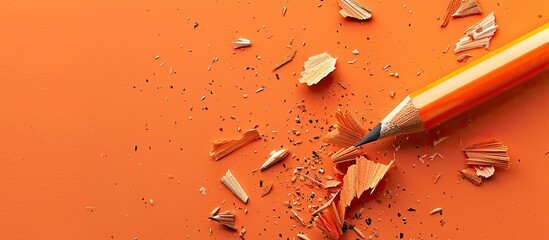 Poster - Top view of orange background with pencil shavings, providing copy space image.