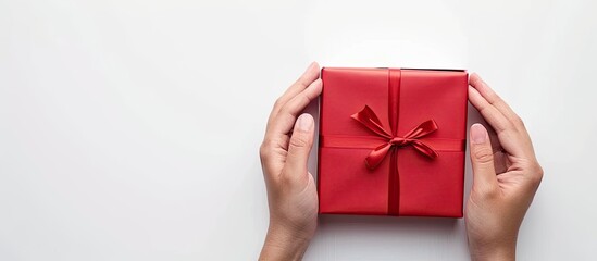 Hands hold and open an empty gift box from a top-view perspective on a white background with copy space image.