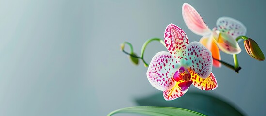 Leinwandbilder - Selective focus on a colorful Phalaenopsis Demi Deroose orchid flower with yellow, red, pink, and white stripes and spots, set against a light gray backdrop with dark green foliage. Ideal copy space