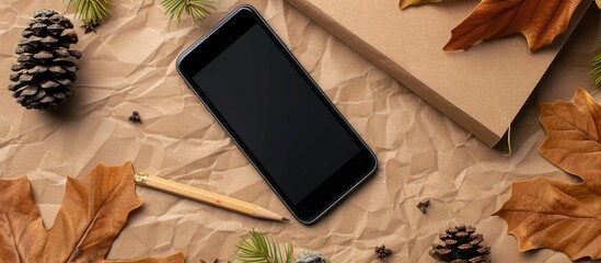 Poster - Top view of a smartphone, pencil, and dry pine cones on a brown paper surface with room for text or images. Copy space image. Place for adding text and design