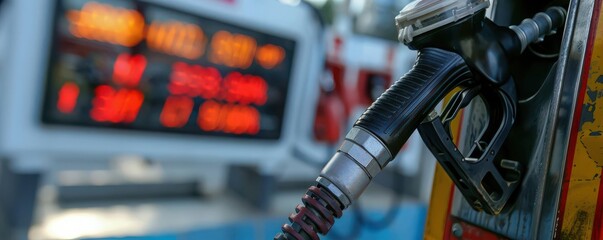 Closeup of a gas pump nozzle dispensing fuel with a price board in the background, reflecting rising oil prices, economy, fuel costs