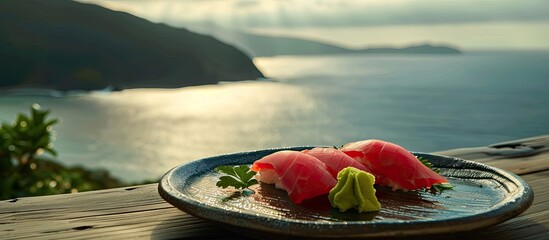 Sticker - Chilled raw dorada sushi with a scenic ocean backdrop for copy space image.