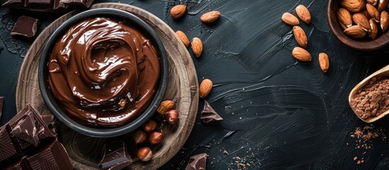 Poster - A wooden board topped with hazelnut chocolate spread on a black backdrop provides a striking copy space image.