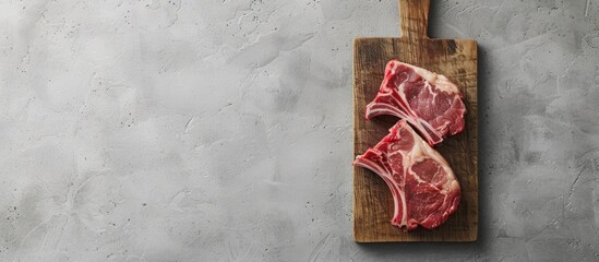 Poster - Top view of a butchered lamb chop steak on a cutting board against a gray background with an area for text or image insertion. Copy space image. Place for adding text and design