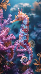 Wall Mural - Graceful Seahorse Clinging to Vibrant Coral in Tranquil Underwater Ecosystem