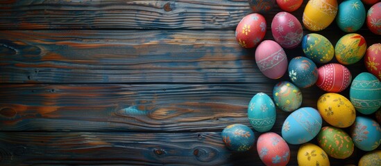 Wall Mural - Wooden background with colorful Easter eggs, ideal for copy space image.