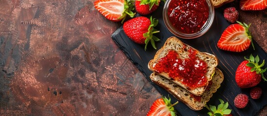 Canvas Print - Bread with strawberry jam on vibrant table with copy space image.