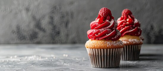 Aufkleber - Cupcakes topped with red cream set against a grey backdrop with copy space image.