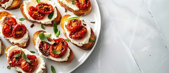 Poster - A platter featuring sun-dried tomatoes and cream cheese on toast, displayed on a white board against a white backdrop with copy space image.