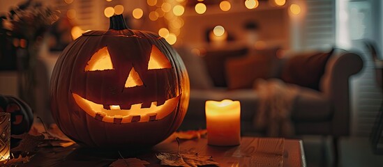 Poster - A Halloween-themed carved pumpkin sits on a table at home, with ample copy space for an image.