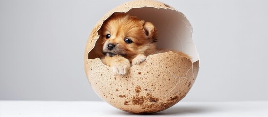 Poster - Spitz puppy inside a large eggshell set against a white background with copy space image.